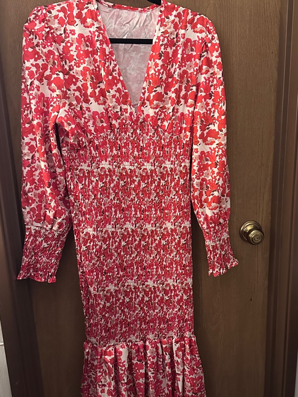 Red Floral Smocked Midi Dress - Women